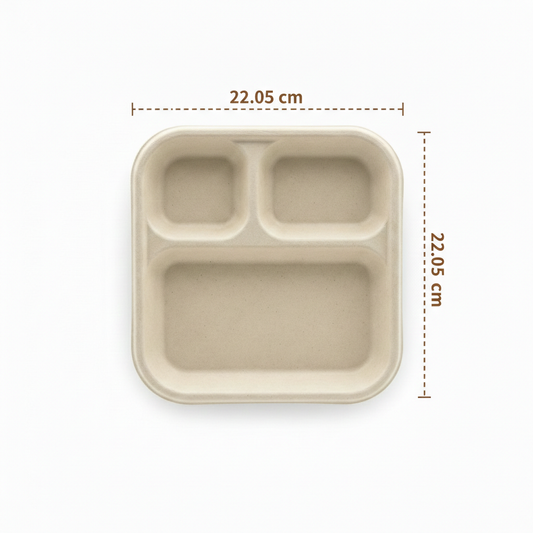 Sugarcane Bagasse - 3 Compartment Meal Plate