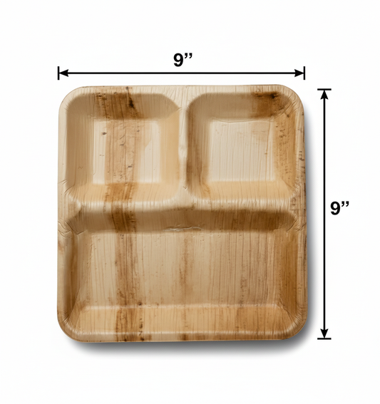 9" x 9" Square Palm Leaf Plate - 3 Compartments